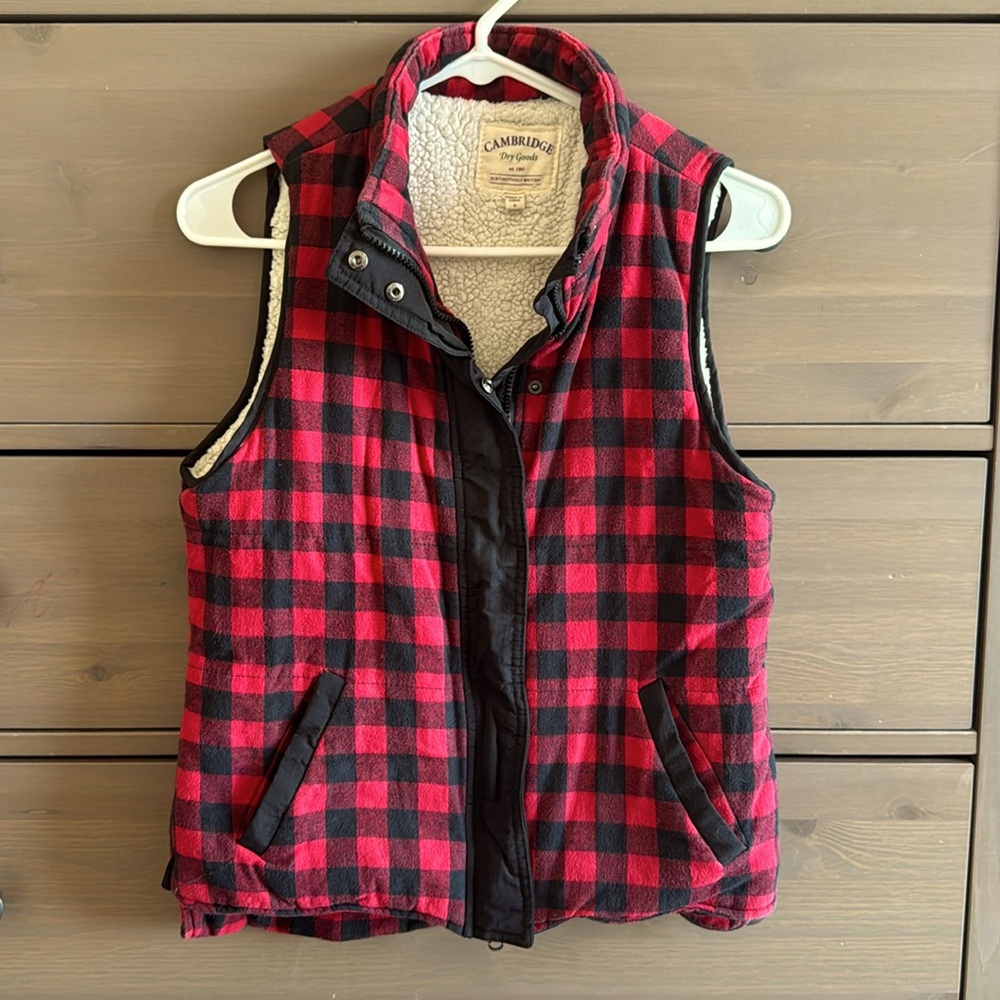 Dry Goods, fleece lined, red and black flannel vest, size small.